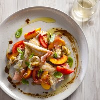 Chicken Tenderloin with Prosciutto, Truss Tomatoes And Peach Salad